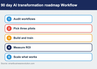 90 day AI transformation roadmap workflow infographic for Smart Business Revolution