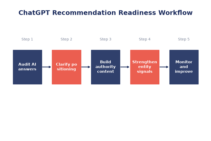 Workflow for improving ChatGPT recommendations through content, authority, technical GEO, and monitoring