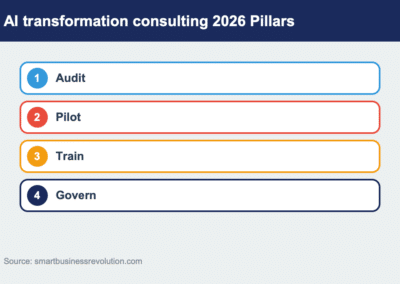 AI transformation consulting 2026 pillars infographic for Smart Business Revolution