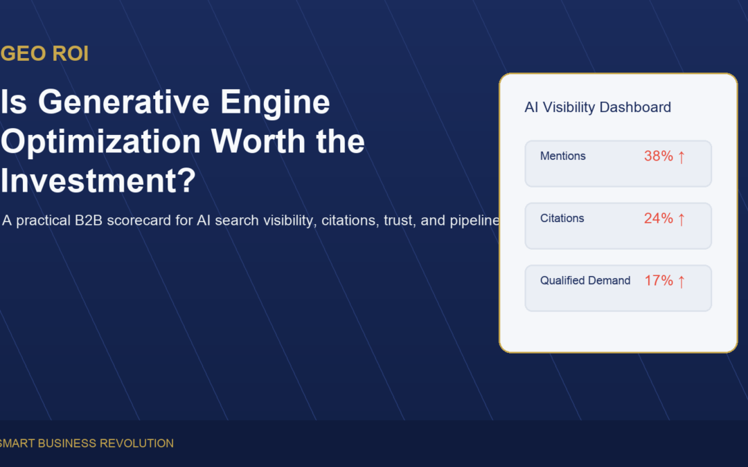 B2B leader reviewing GEO ROI and AI search visibility dashboard