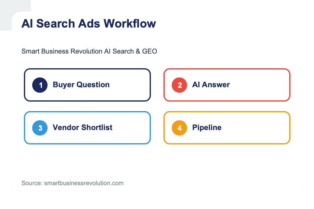 AI search ads workflow showing signals, queries, creative, pages, and revenue feedback