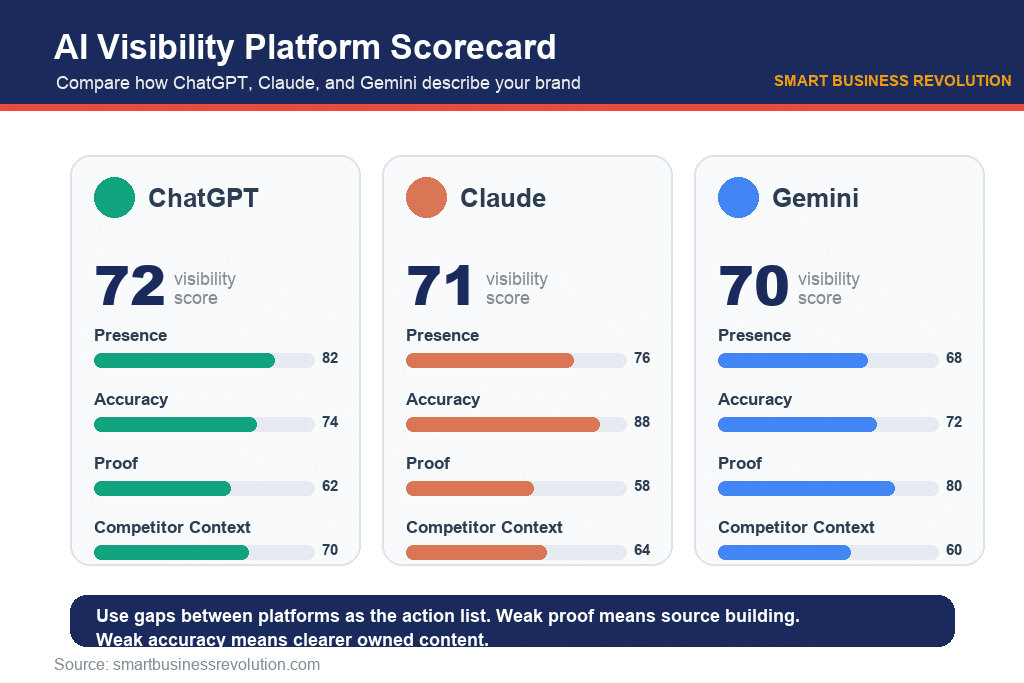 Comparison dashboard showing AI visibility scores for ChatGPT, Claude, and Gemini