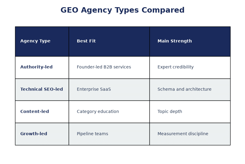 Side-by-side comparison of B2B GEO agency types showing best fit, strengths, and watchouts