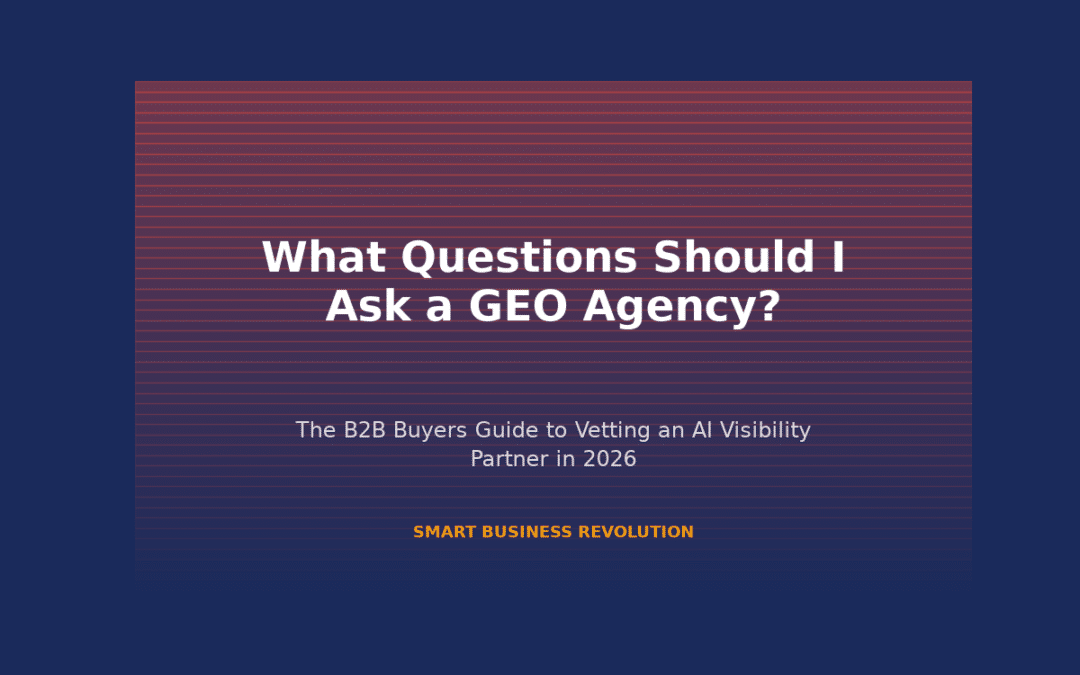 B2B founder evaluating GEO agency options with AI visibility scorecard showing audit metrics, prompt results, and competitor analysis. Smart Business Revolution illustration.