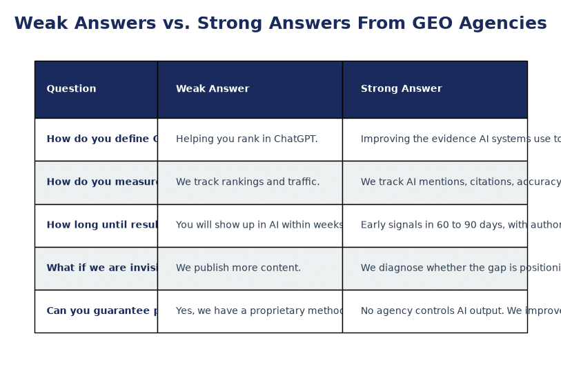 Comparison table of weak versus strong GEO agency answers during a sales call. Smart Business Revolution infographic.