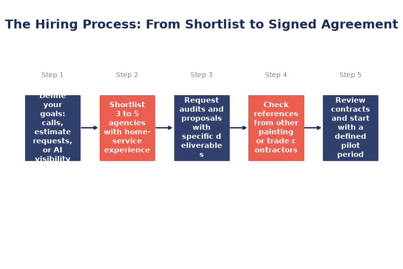 Step-by-step workflow for hiring an SEO and GEO agency, from defining goals to signed agreement, Smart Business Revolution