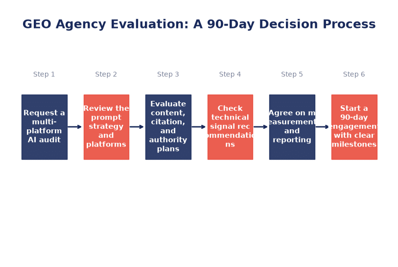 Six-step GEO agency evaluation process from audit to 90-day engagement. Smart Business Revolution infographic.