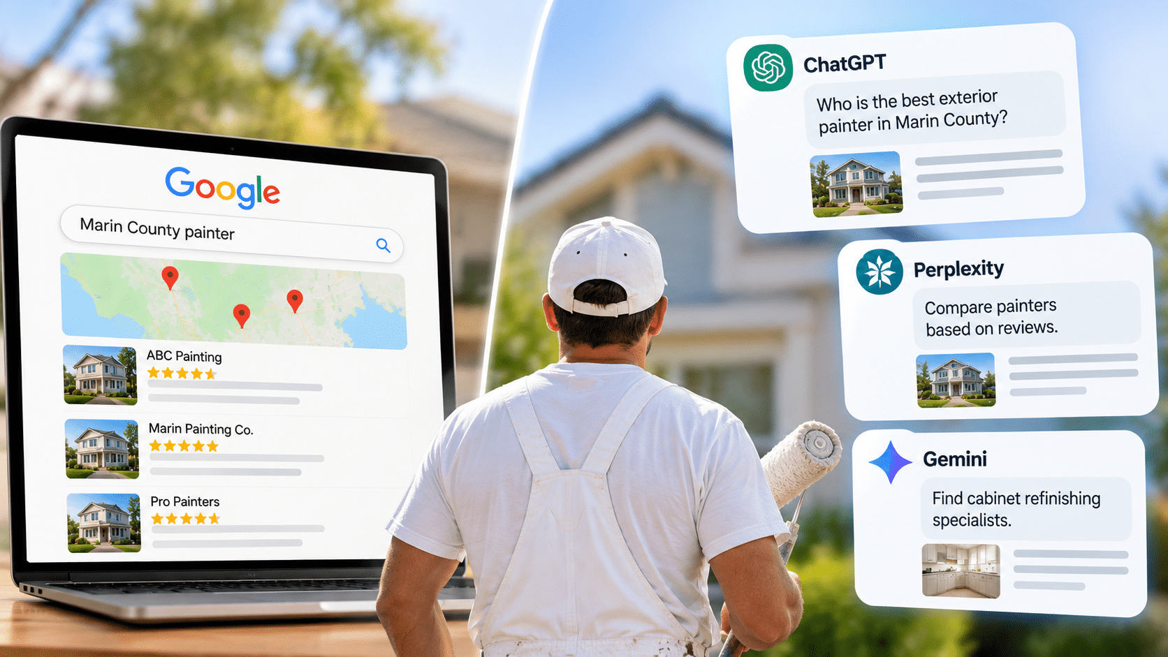 Traditional Google search results versus AI assistants ChatGPT, Perplexity, and Gemini, showing why painting businesses need both SEO and GEO, Smart Business Revolution