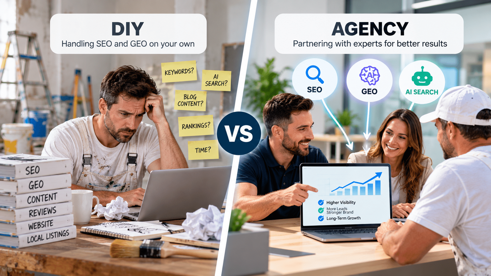 DIY SEO and GEO versus agency partnership, comparing stress and uncertainty with professional results, Smart Business Revolution